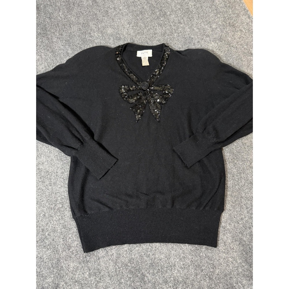Vintage TJW By Mervyn's Sweater Womens Large Black Beaded Bow Angora Knit